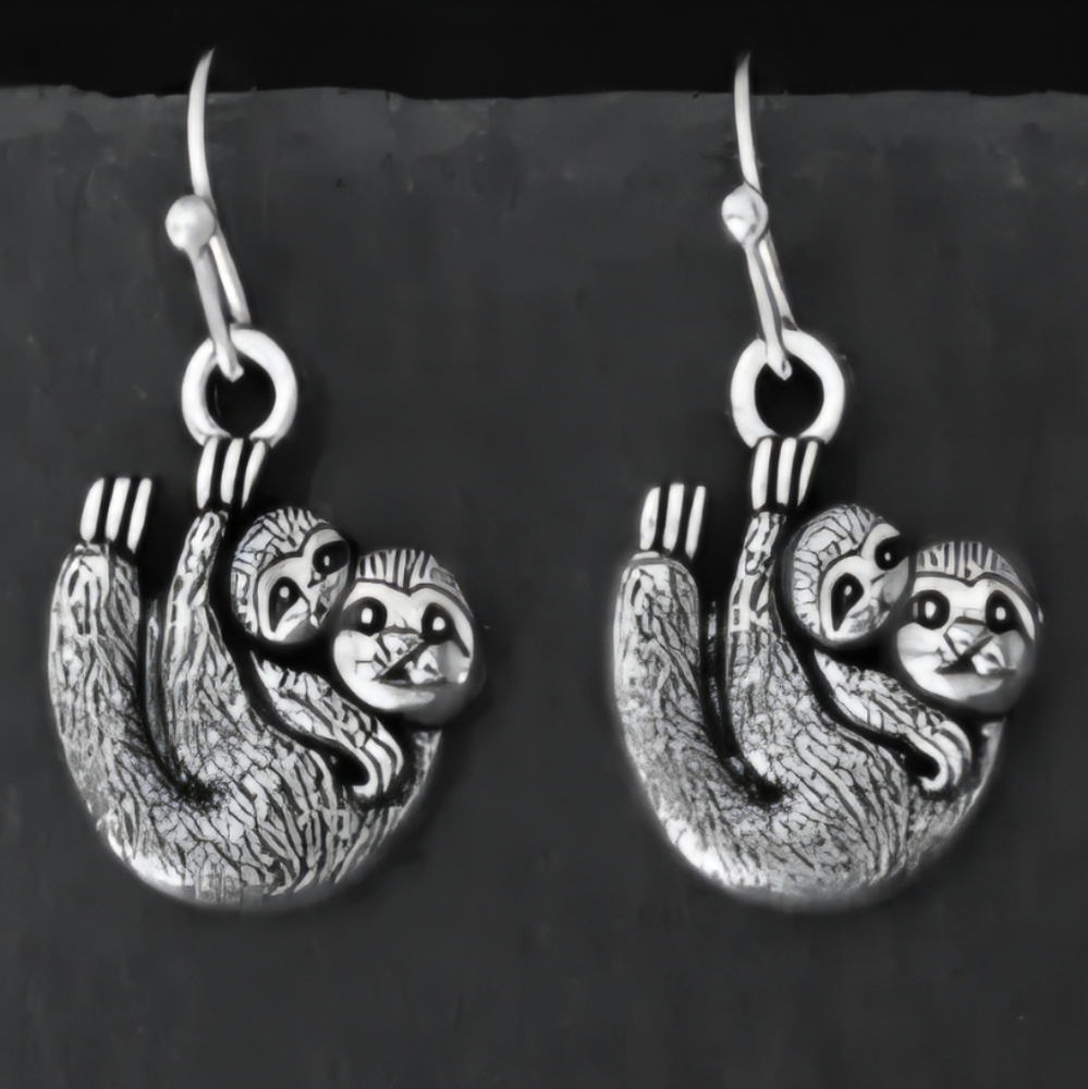 Sloth Mother and Baby Silver Earrings